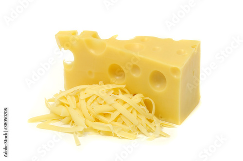 Chunk of Cheese and Pile of Grated Cheese Isolated on White
