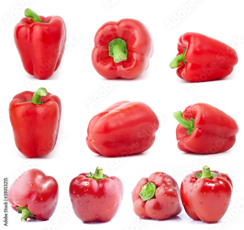 Collection of red bell peppers isolated on white background