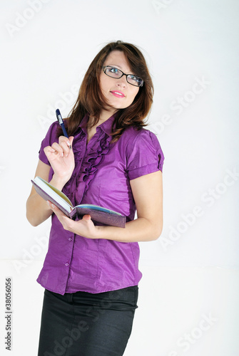 The bright girl with the daily log and the handle wearing specta