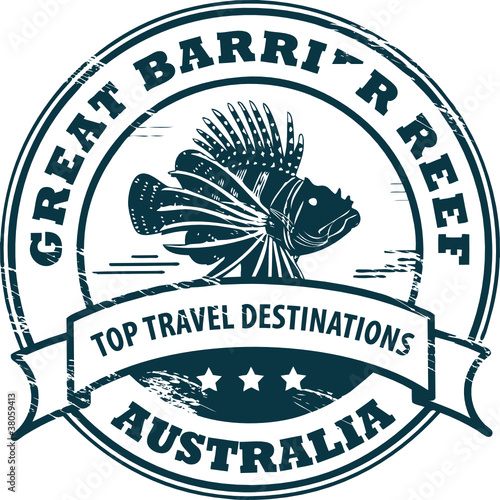 Stamp with fish and text Great Barrier Reef, vector