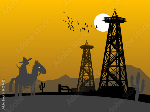 Oil rig silhouettes and lonely rider, vector