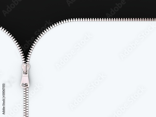 Billede på lærred 3D Illustration Zipper on White and Black Background.