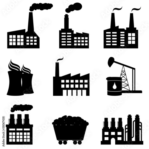 Factory, nuclear power plant and energy icons