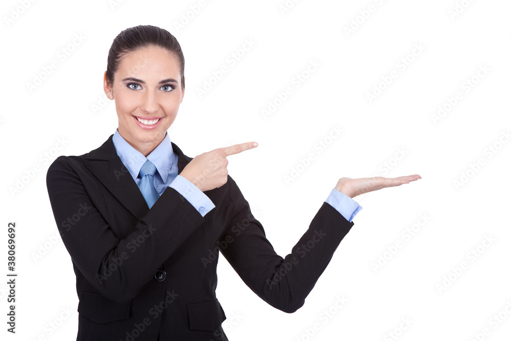 smiling businesswoman pointing in produce smiling businesswoman pointing in produce