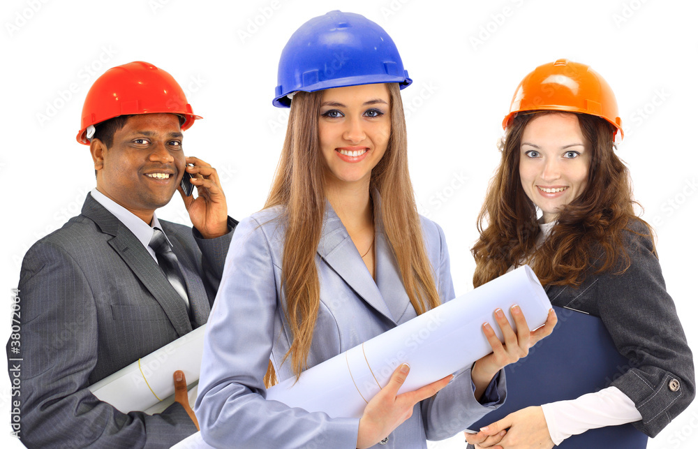 Two women and a man architect team. Isolated on Two women and a man architect team. Isolated on