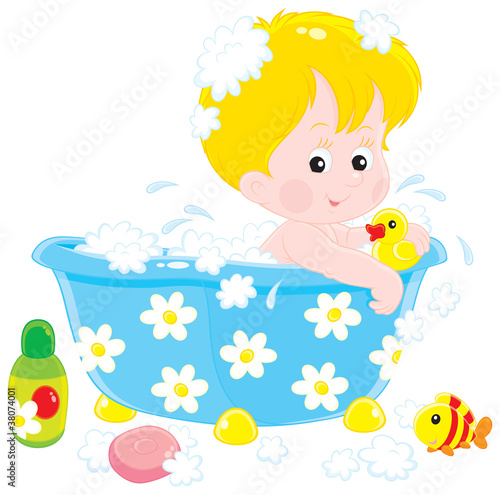 Child bathing with toys