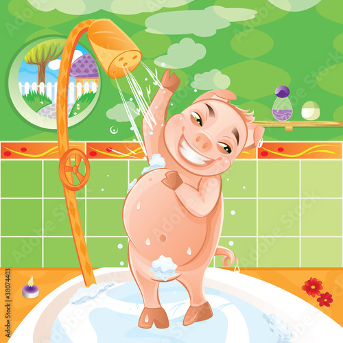 Pig taking a morning shower - Happy animal washing in bath tub