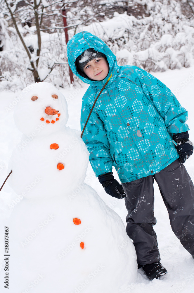 A boy and a snowman - a winter holiday A boy and a snowman - a winter holiday