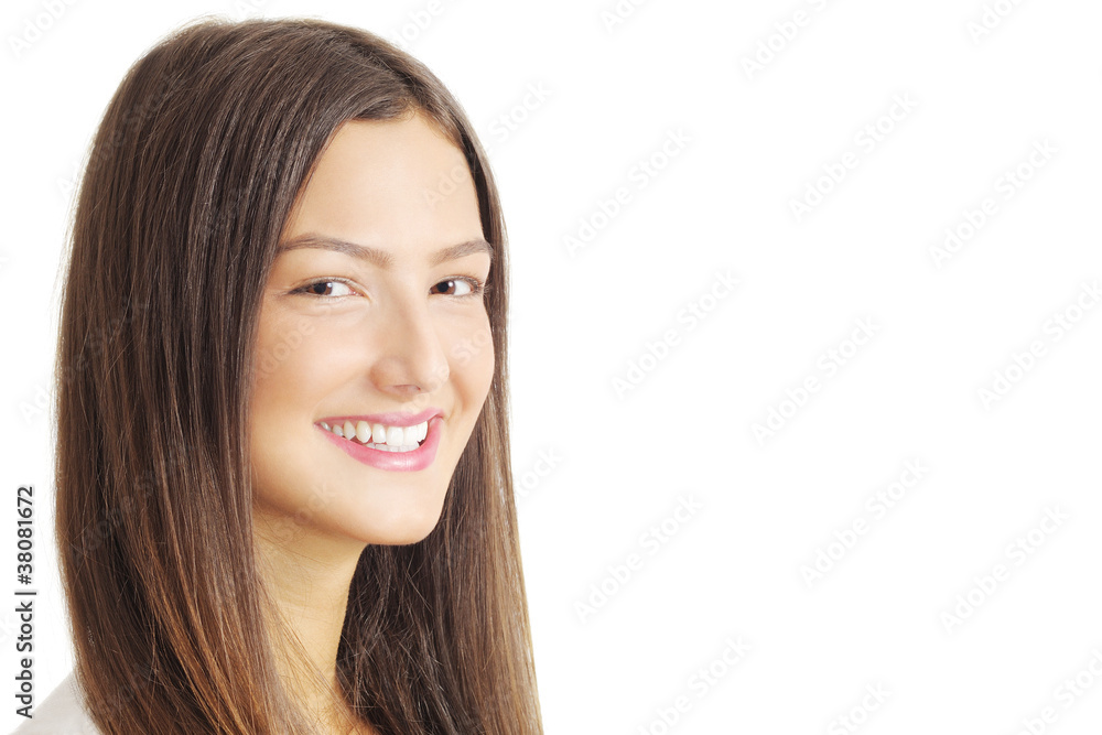 young woman smiling and looking at camera, isolated on white young woman smiling and looking at camera, isolated on white