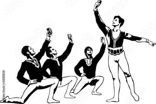 sketch male ballet dancers sitting in a pose around the soloist