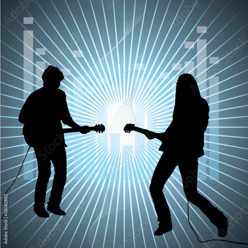 Silhouettes of two guitarists against background