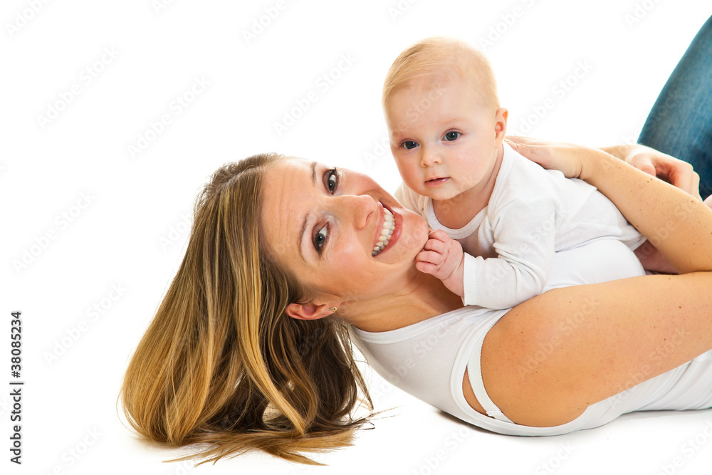 Mother with happy and cute infant baby girl isolated on white Mother with happy and cute infant baby girl isolated on white