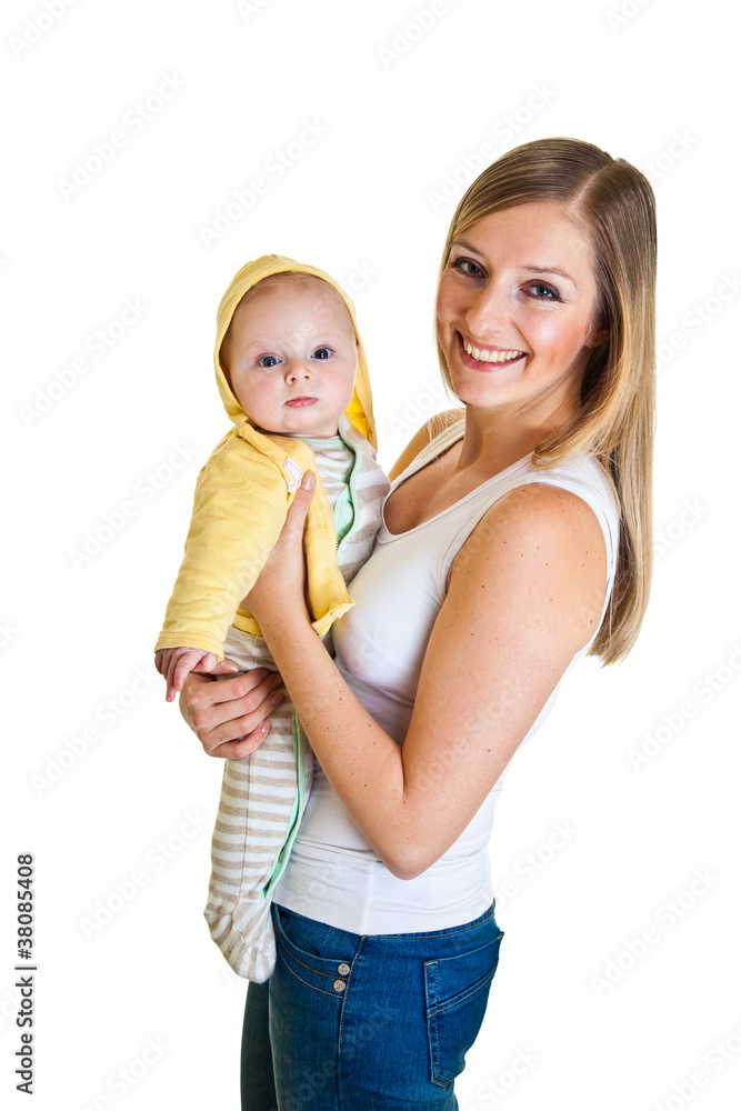 Mother with happy and cute infant baby girl isolated on white Mother with happy and cute infant baby girl isolated on white