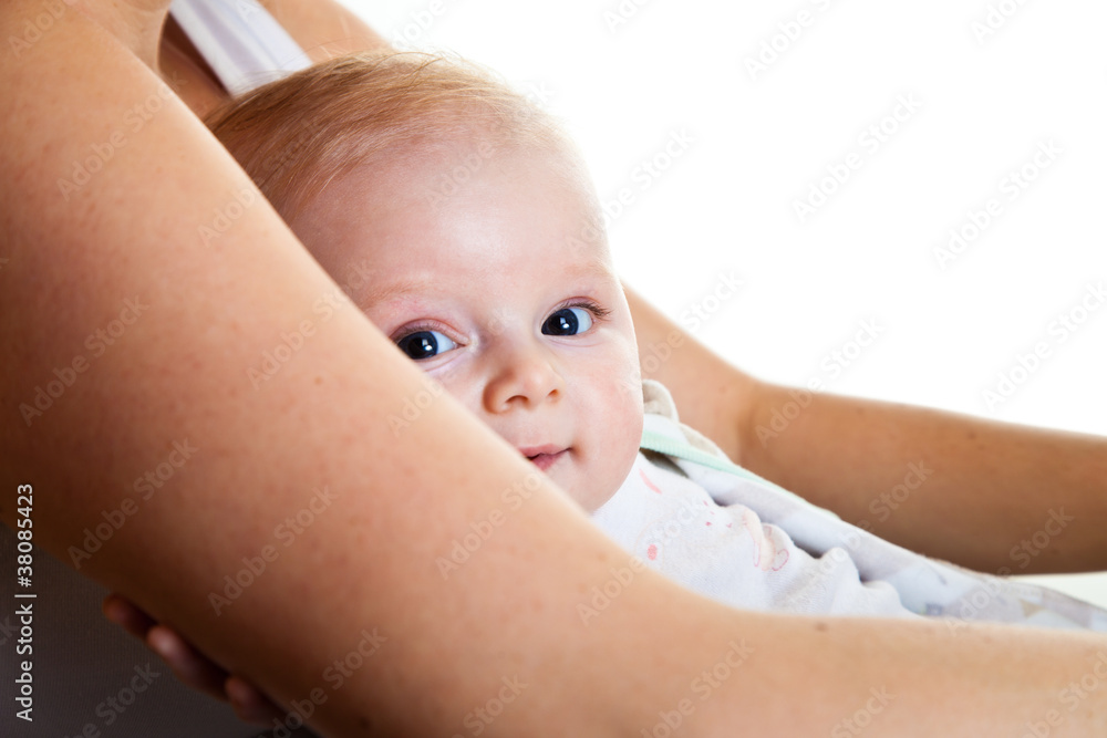 Mother with happy and cute infant baby girl isolated on white Mother with happy and cute infant baby girl isolated on white