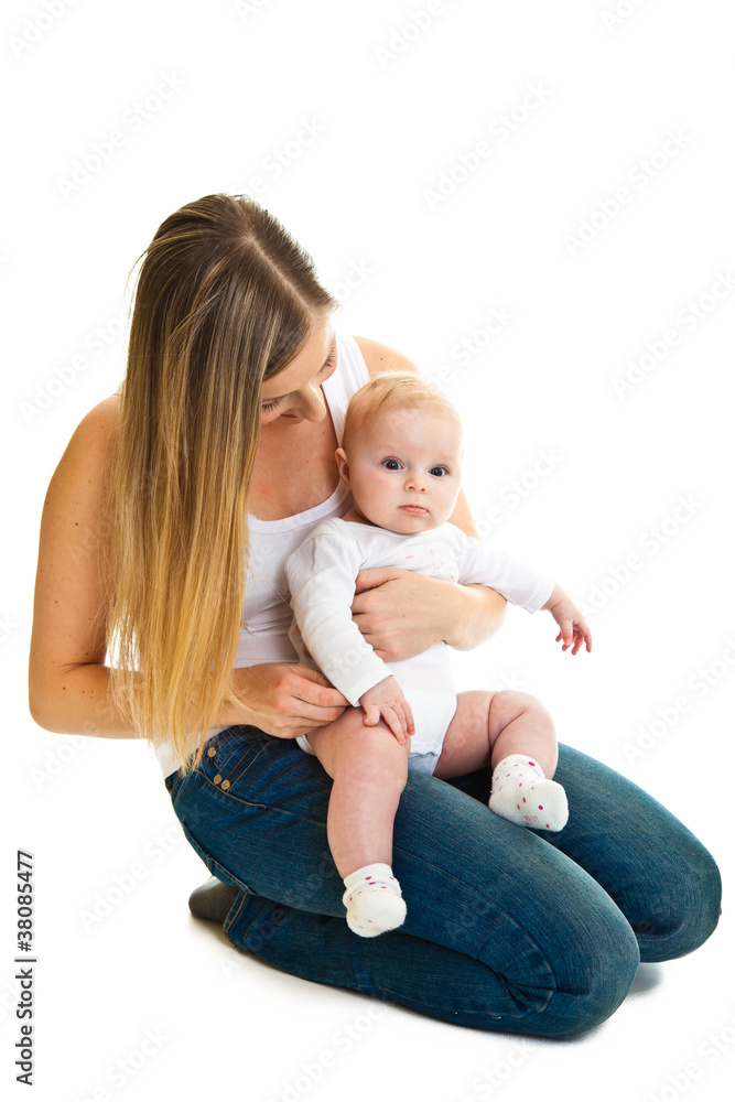 Mother with happy and cute infant baby girl isolated on white Mother with happy and cute infant baby girl isolated on white