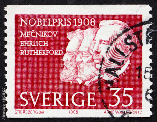 Postage stamp Sweden 1968 Metchnikoff, Ehrlich and Rutherford photo