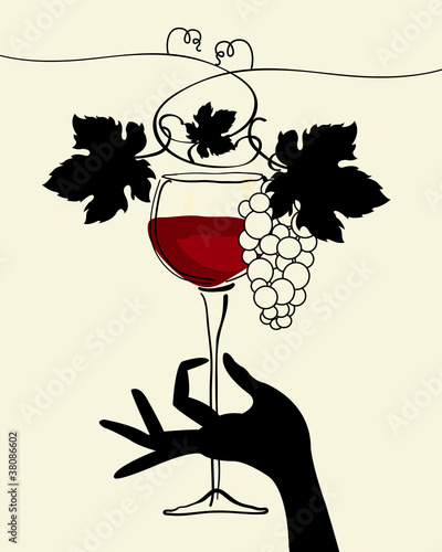 A hand holding a wine glass with grape