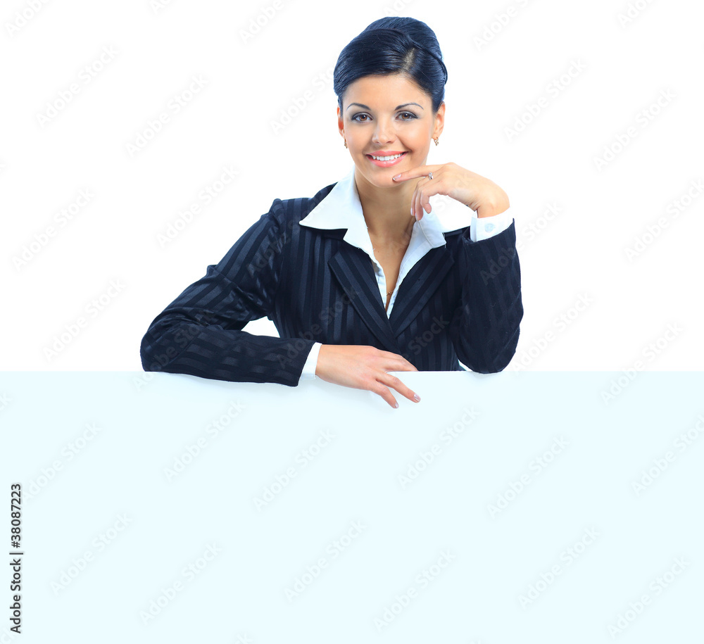 Happy smiling young business woman showing
