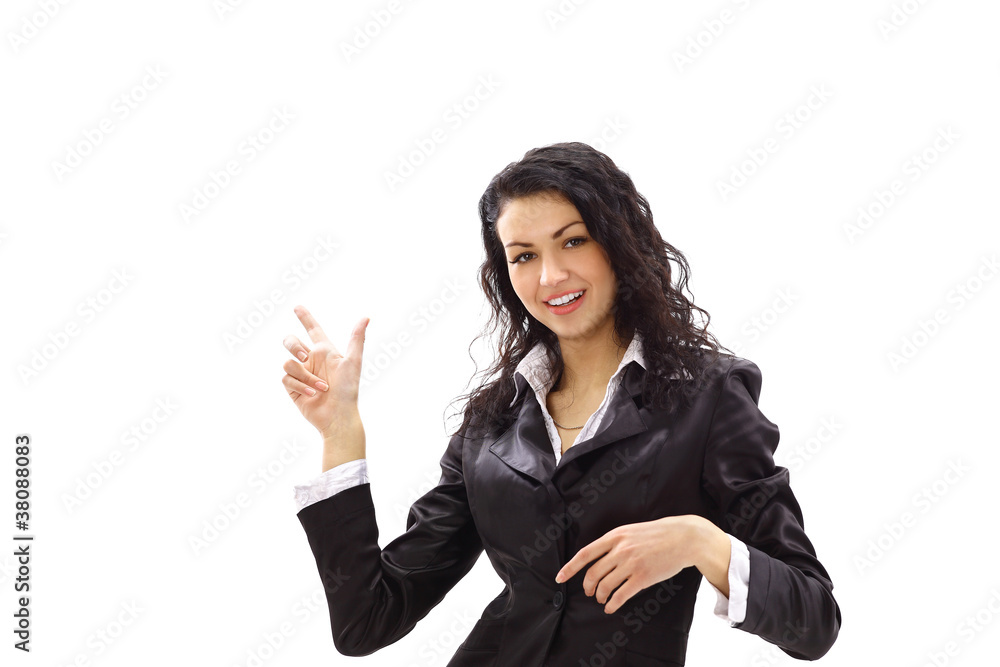 Happy young business woman pointing at something Happy young business woman pointing at something