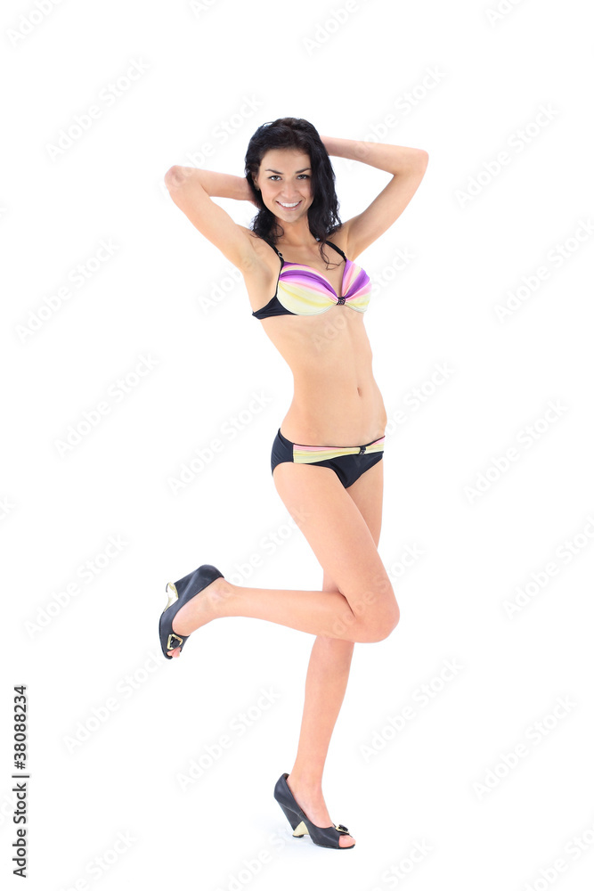 brunette attractive woman in swimsuit on white background brunette attractive woman in swimsuit on white background