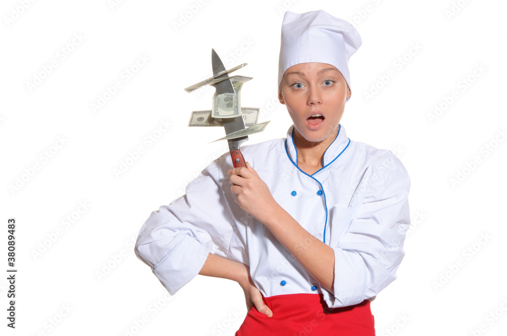surprised woman- chef with knife and money surprised woman- chef with knife and money