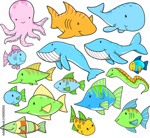 Ocean Sea Animals Summer Vector Design Set