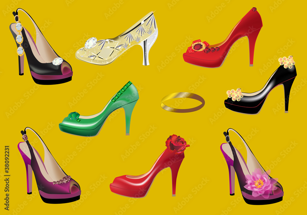 set of woman shoes on yellow set of woman shoes on yellow