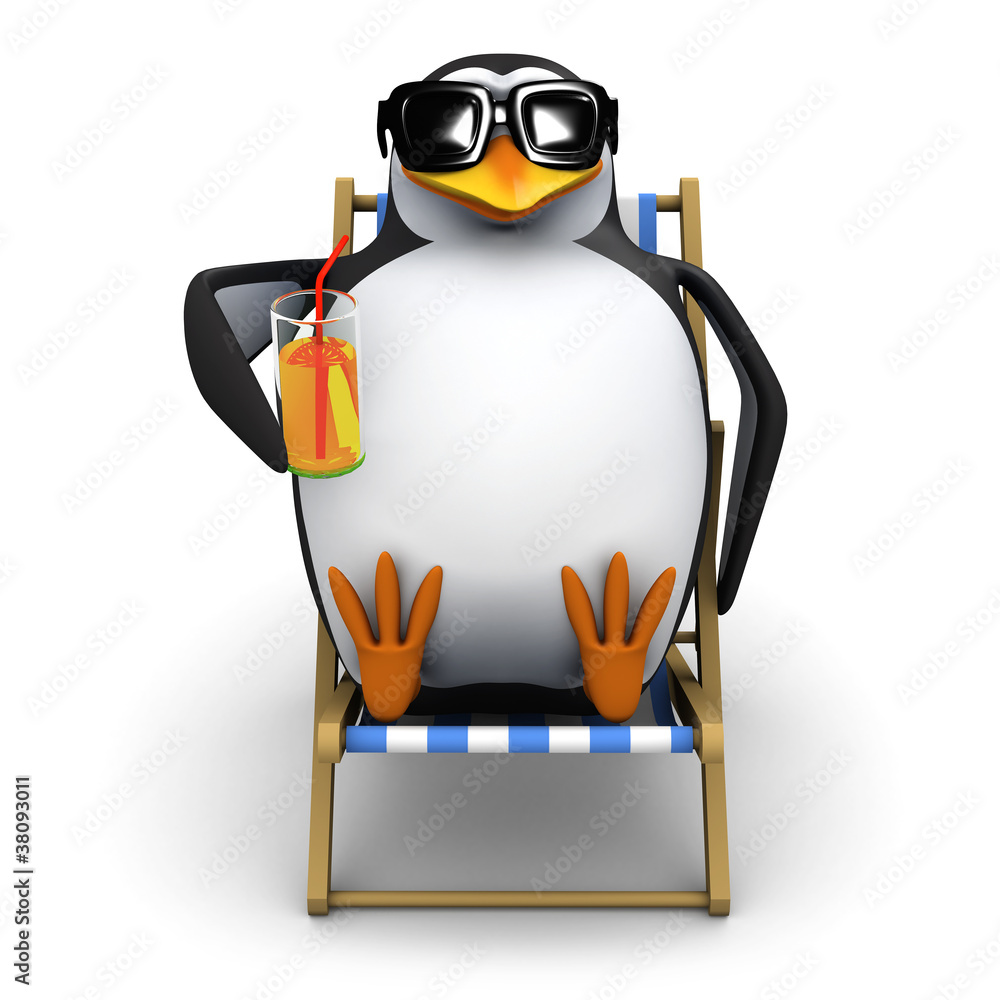 Obraz premium 3d Penguin relaxes in deckchair with a nice drink