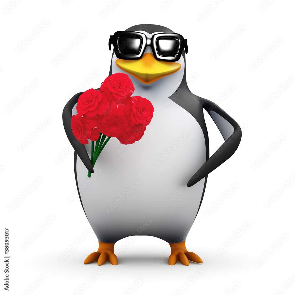 Obraz premium 3d Penguin romantically offers a bunch of flowers
