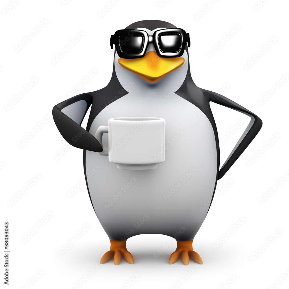 Naklejka premium 3d Penguin loves a nice hot cup of coffee