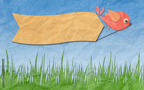 recycled paper craft ,Bird with blank Label on the blue sky