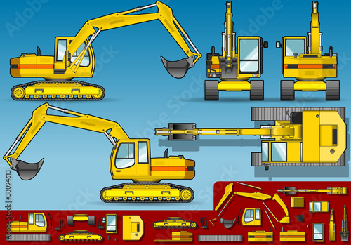 yellow excavator  in five orthogonal position
