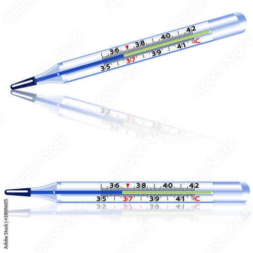 Medical glass mercury thermometer on white background.