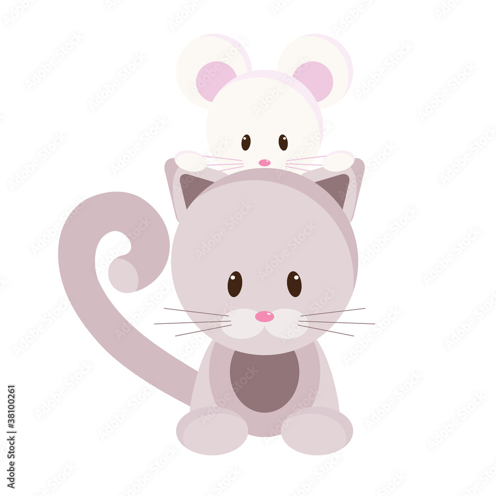 Cartoon kitten and mouse