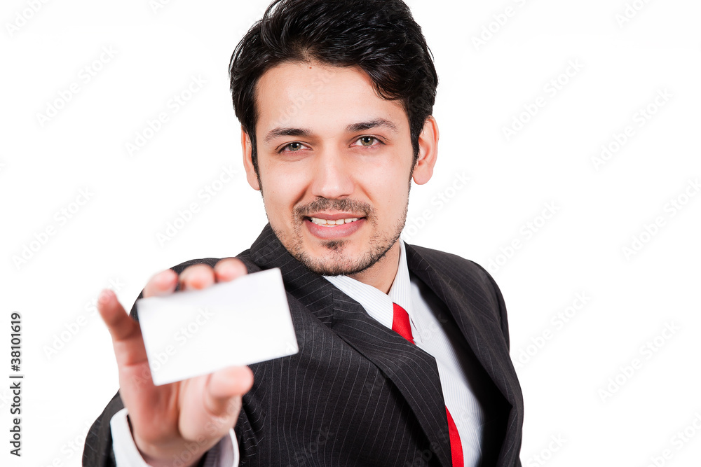 portrait of arab businessman holding visiting card portrait of arab businessman holding visiting card