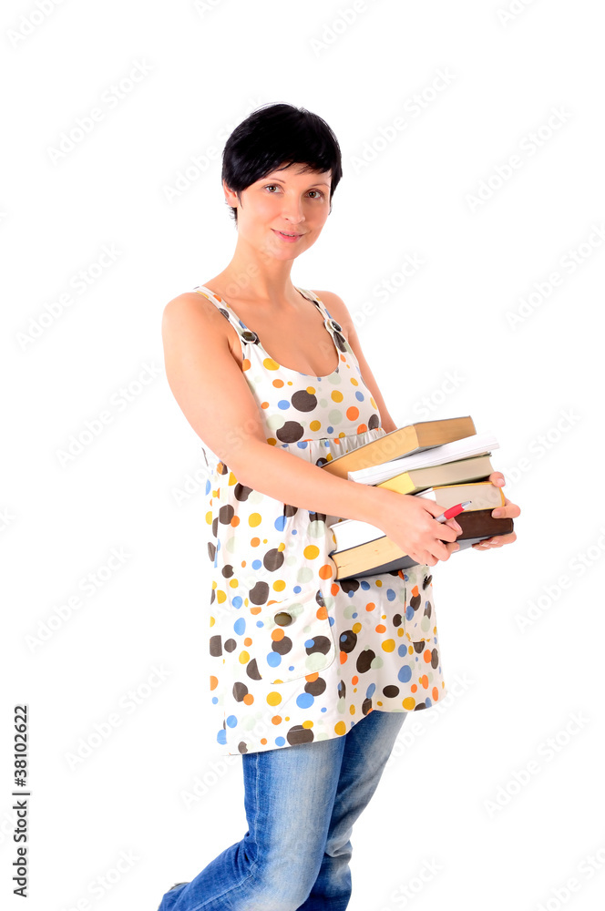 Junger weiblicher Student mit einem Stapel Bücher Junger weiblicher Student mit einem Stapel Bücher