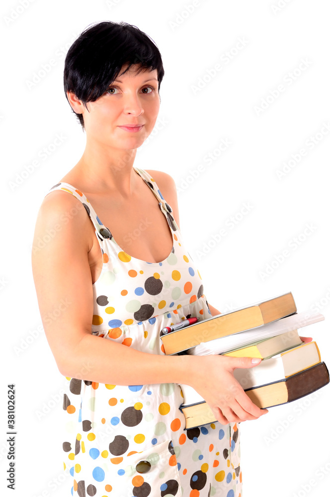 Junger weiblicher Student mit einem Stapel Bücher Junger weiblicher Student mit einem Stapel Bücher