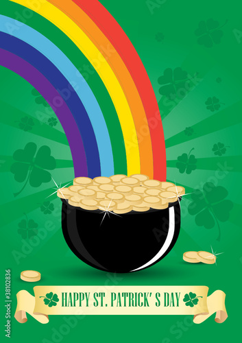Green cauldron icon with gold coins and rainbow