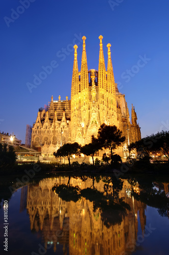 Sagrada Familia cathedral in Barcelona, Spain, night scene