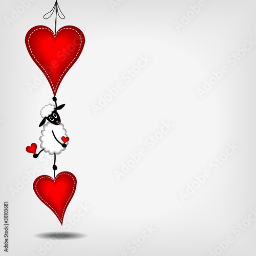 two hanging red hearts with white stitches and cute lamb - vecto