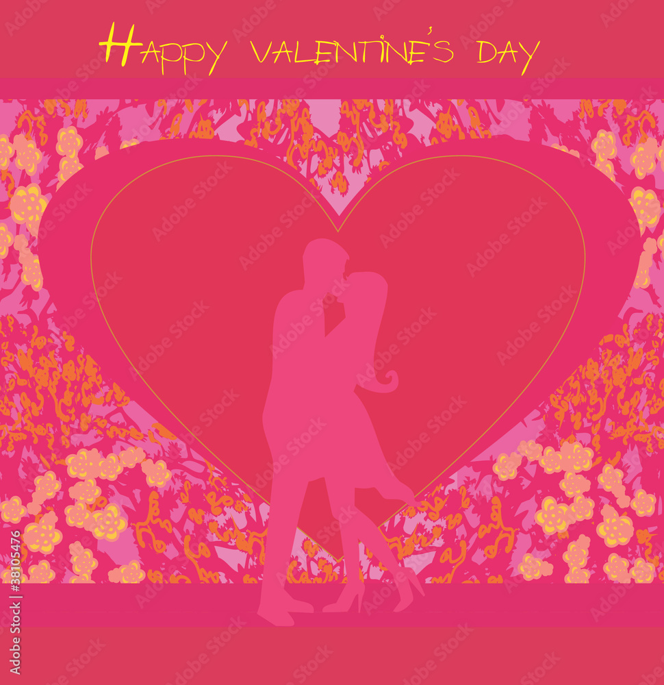 Floral greeting card with silhouette of romantic couple Floral greeting card with silhouette of romantic couple