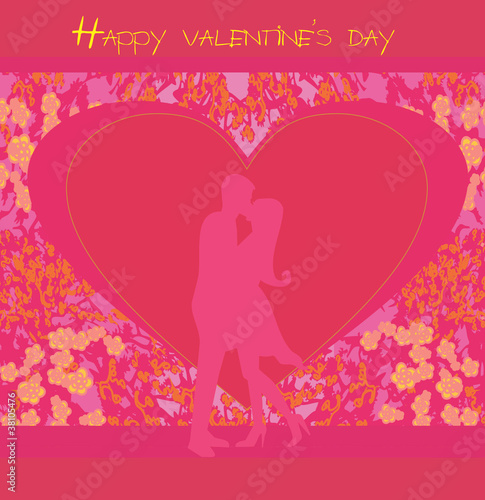 Floral greeting card with silhouette of romantic couple
