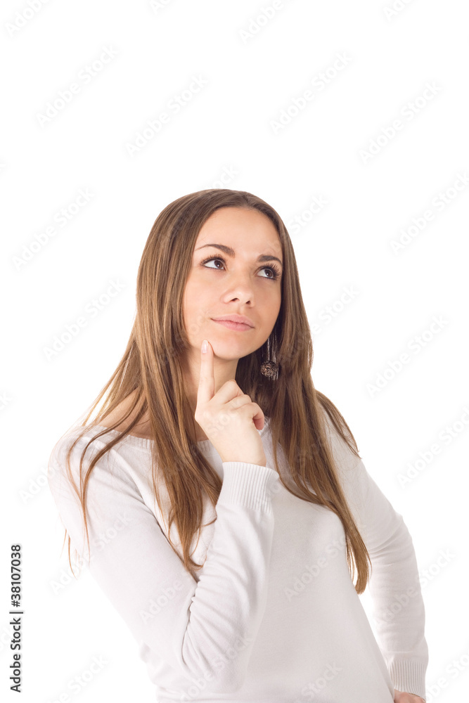 Portrait of beautiful thinking woman with hand on chin Portrait of beautiful thinking woman with hand on chin