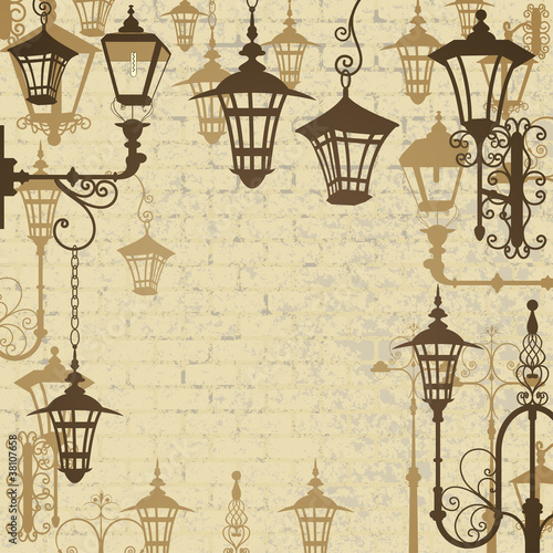 Old town background with wrought lanterns