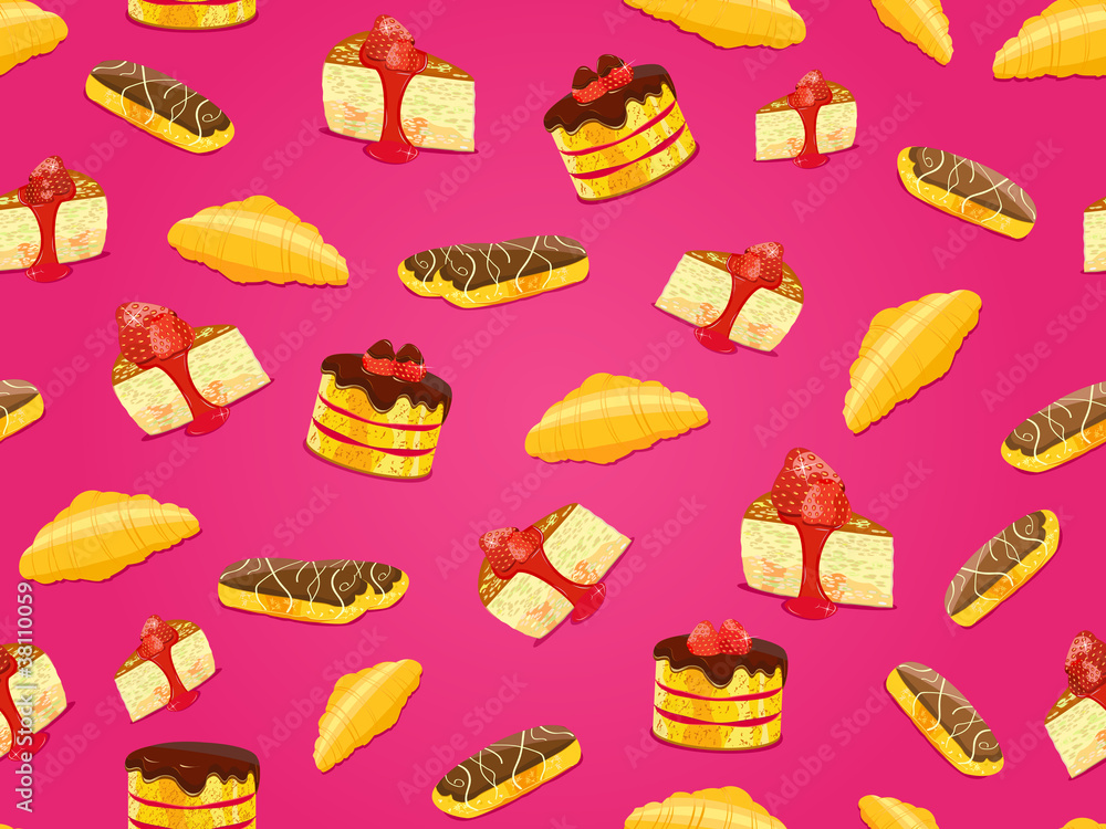 seamless pattern with cake, croissant and eclair