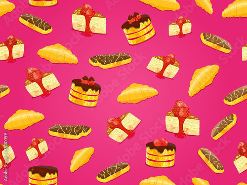 seamless pattern with cake, croissant and eclair