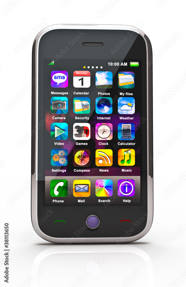 Touchscreen smart phone. Cell Smart Mobile Phone 3D. On the whit Touchscreen smart phone. Cell Smart Mobile Phone 3D. On the whit