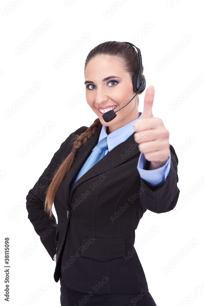 businesswoman with headset showing thumb up businesswoman with headset showing thumb up