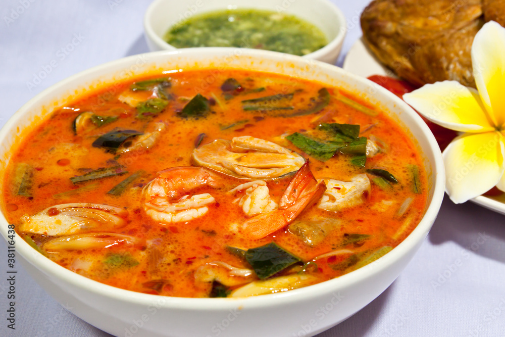 Tom Yum soup, a Thai traditional spicy prawn soup Tom Yum soup, a Thai traditional spicy prawn soup