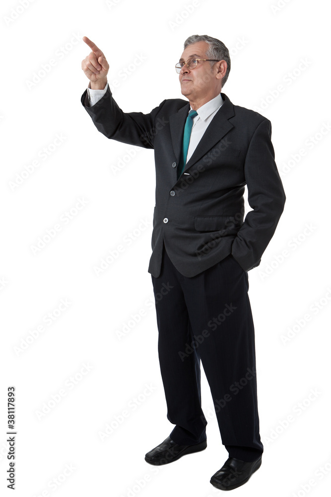 Business man pushing a button on a touch screen interface Business man pushing a button on a touch screen interface